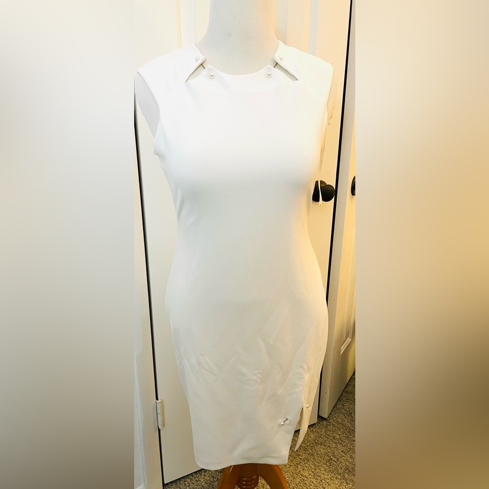 Bebe Pearl Neck & Hem White Sleeveless Dress